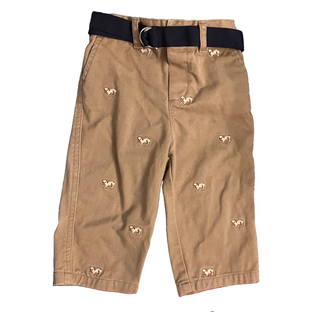 Ralphโ Lauren Baby Khaki Pants Embroidered Dog Print Sz 9M Belt Preppy